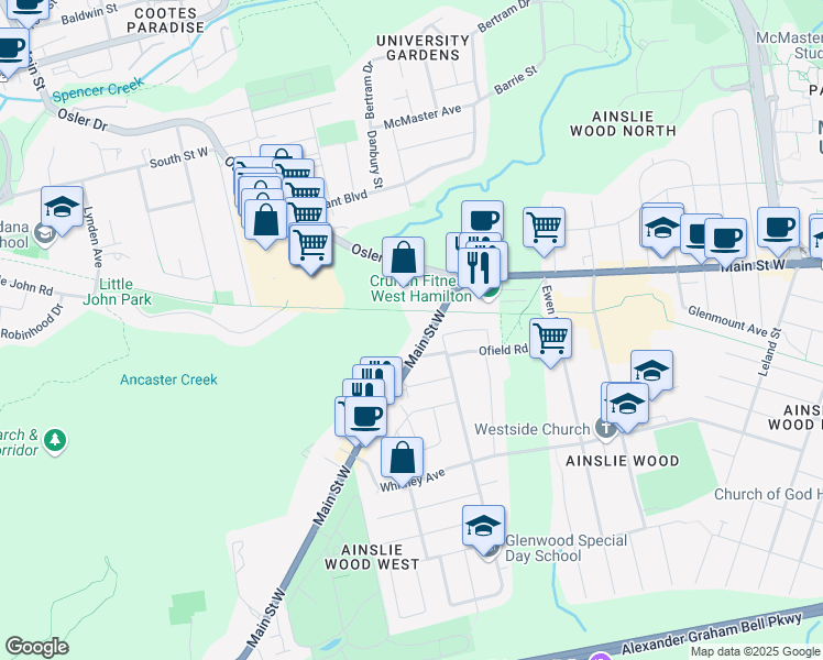 map of restaurants, bars, coffee shops, grocery stores, and more near 1768 Main Street West in Hamilton