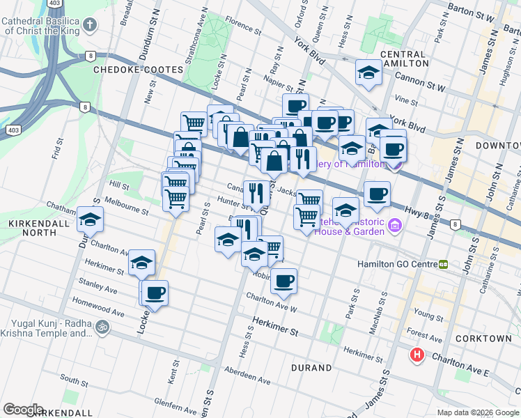 map of restaurants, bars, coffee shops, grocery stores, and more near 118 Queen Street South in Hamilton