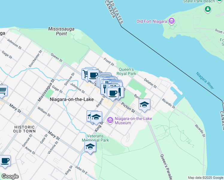 map of restaurants, bars, coffee shops, grocery stores, and more near 184 Regent Street in Niagara-on-the-Lake