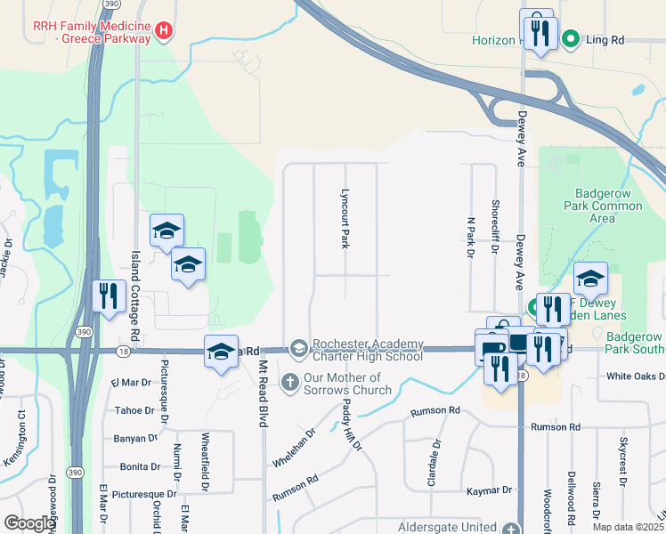 map of restaurants, bars, coffee shops, grocery stores, and more near 118 Arcadia Parkway in Rochester