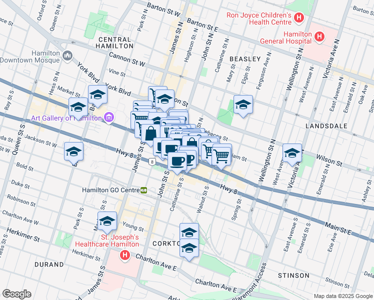 map of restaurants, bars, coffee shops, grocery stores, and more near 117 King Street East in Hamilton