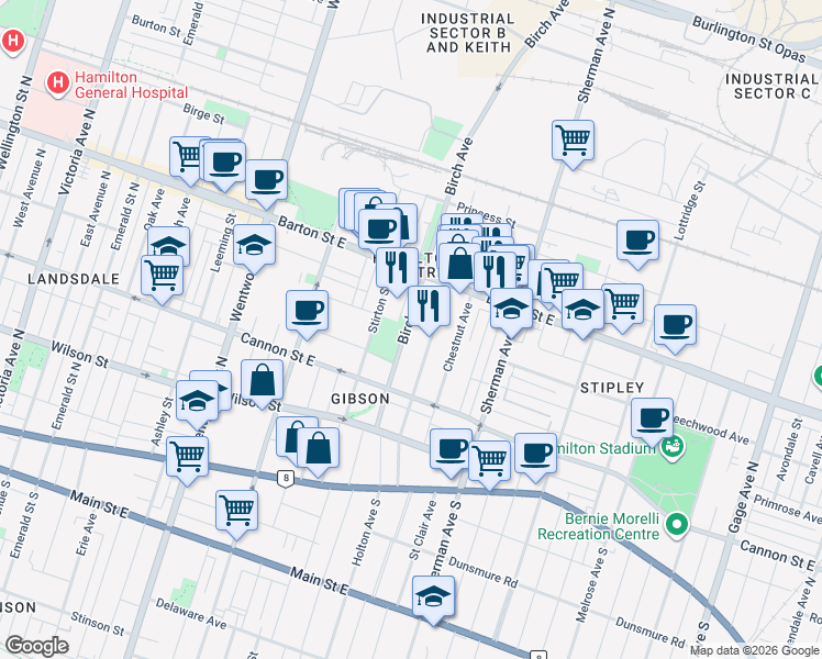 map of restaurants, bars, coffee shops, grocery stores, and more near 98 Birch Avenue in Hamilton