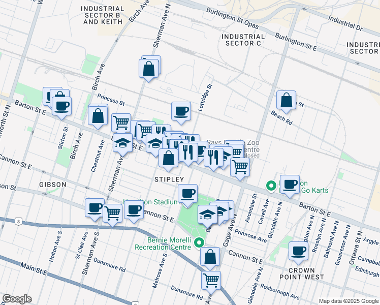 map of restaurants, bars, coffee shops, grocery stores, and more near 795 Barton Street East in Hamilton