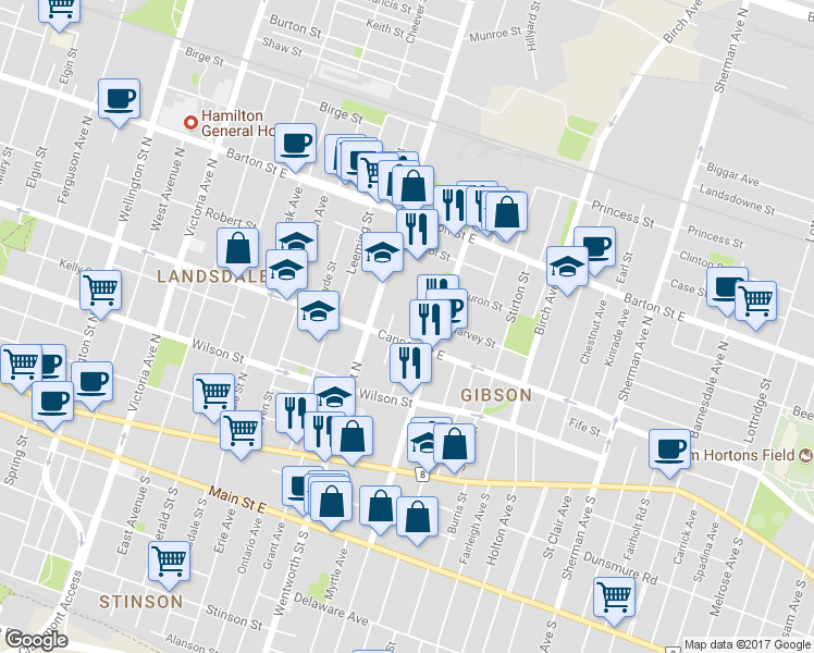 map of restaurants, bars, coffee shops, grocery stores, and more near 460 Cannon Street East in Hamilton