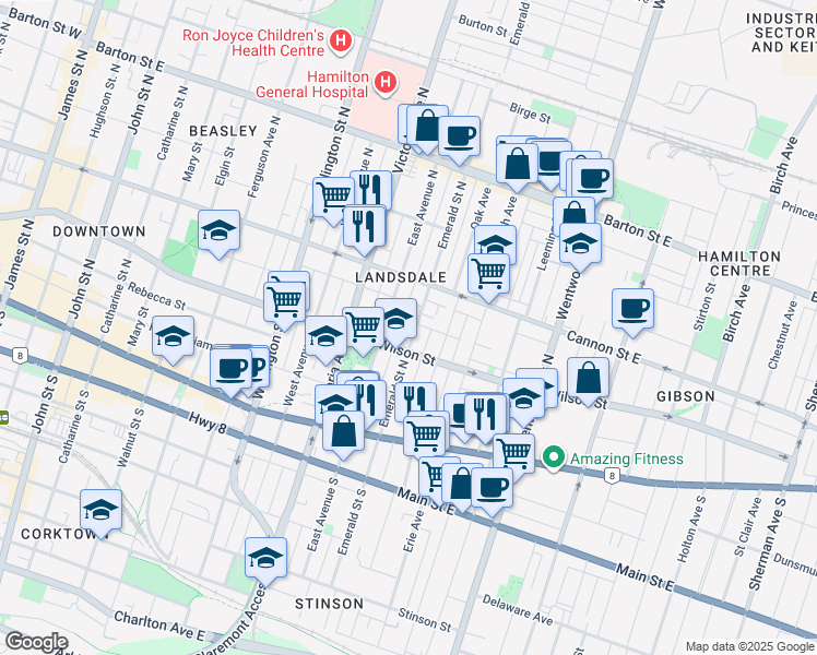 map of restaurants, bars, coffee shops, grocery stores, and more near in Hamilton