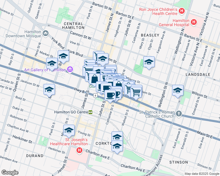 map of restaurants, bars, coffee shops, grocery stores, and more near in Hamilton