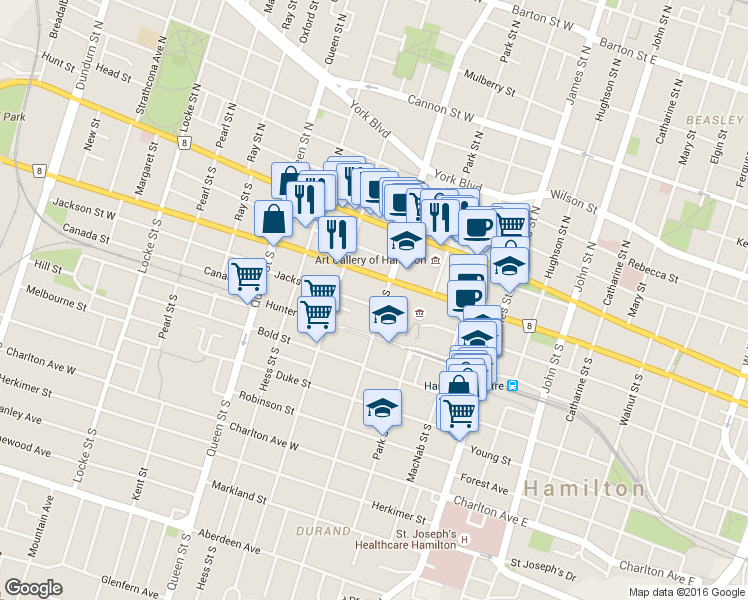 map of restaurants, bars, coffee shops, grocery stores, and more near in Hamilton