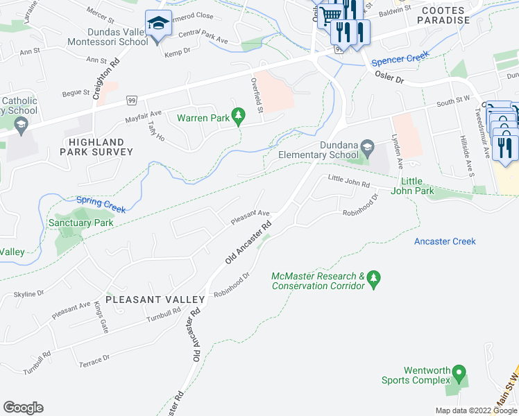 map of restaurants, bars, coffee shops, grocery stores, and more near 9 Pleasant Avenue in Hamilton