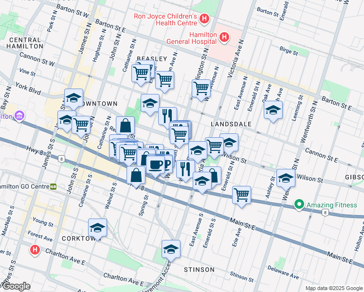 map of restaurants, bars, coffee shops, grocery stores, and more near in Hamilton
