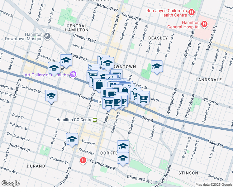 map of restaurants, bars, coffee shops, grocery stores, and more near in Hamilton