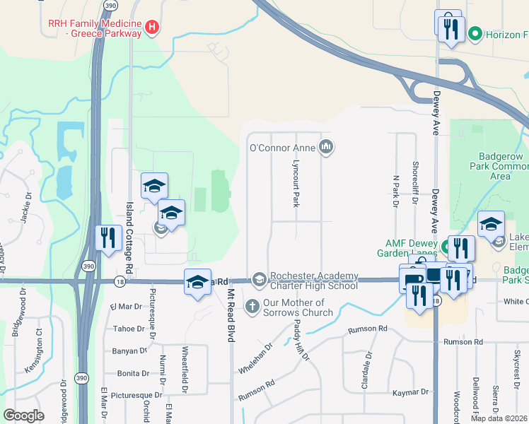 map of restaurants, bars, coffee shops, grocery stores, and more near 118 Arcadia Parkway in Rochester