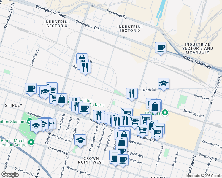 map of restaurants, bars, coffee shops, grocery stores, and more near 274 Beach Road in Hamilton