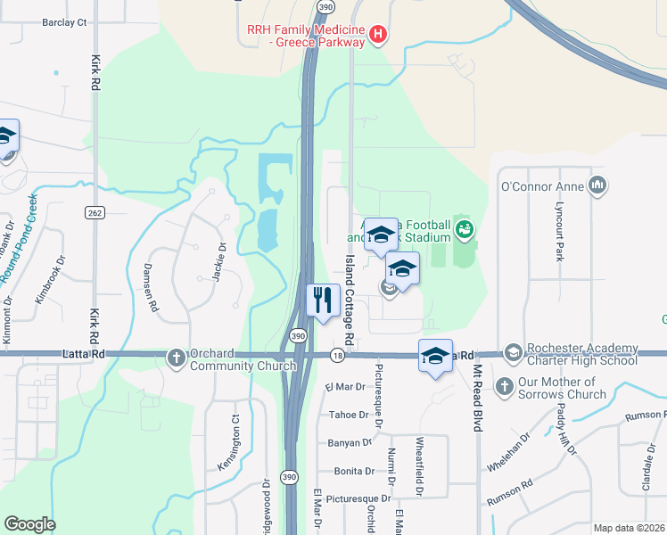 map of restaurants, bars, coffee shops, grocery stores, and more near 119 Island Cottage Road in Rochester