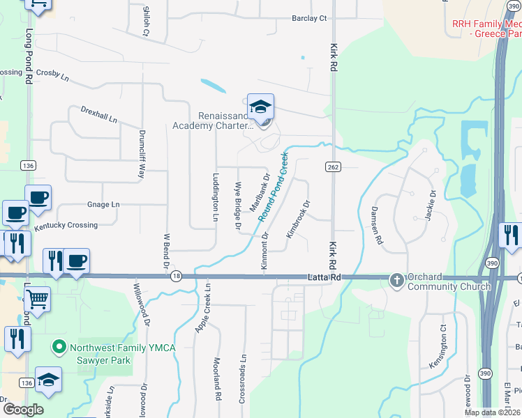 map of restaurants, bars, coffee shops, grocery stores, and more near 73 Kinmont Drive in Rochester