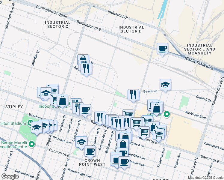 map of restaurants, bars, coffee shops, grocery stores, and more near 274 Beach Road in Hamilton