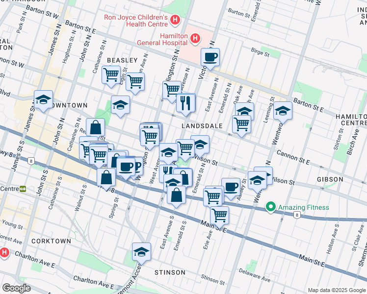map of restaurants, bars, coffee shops, grocery stores, and more near in Hamilton