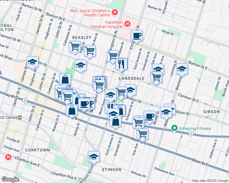 map of restaurants, bars, coffee shops, grocery stores, and more near in Hamilton