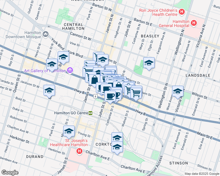 map of restaurants, bars, coffee shops, grocery stores, and more near 85 King Street East in Hamilton