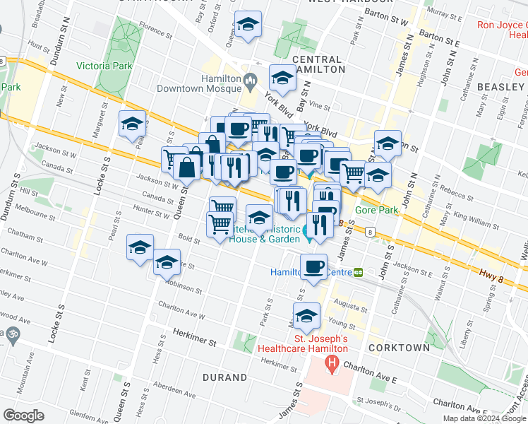 map of restaurants, bars, coffee shops, grocery stores, and more near 100 Bay Street South in Hamilton
