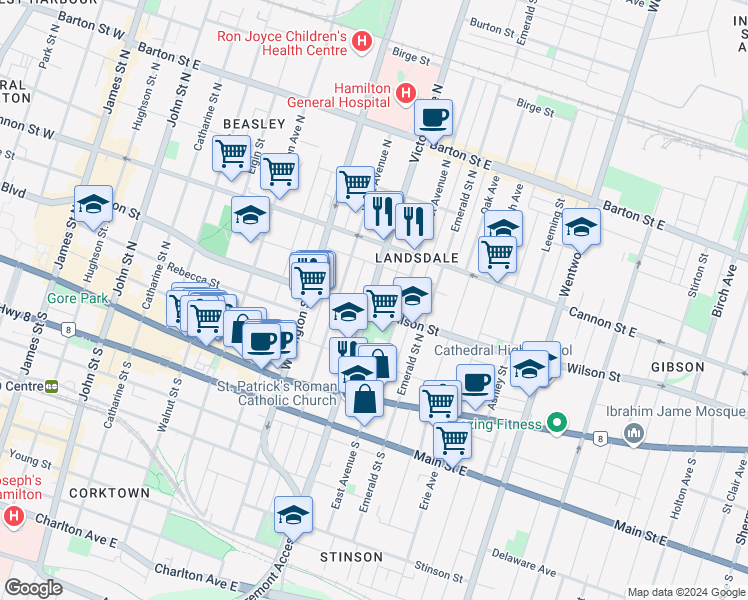 map of restaurants, bars, coffee shops, grocery stores, and more near 98 Victoria Avenue North in Hamilton