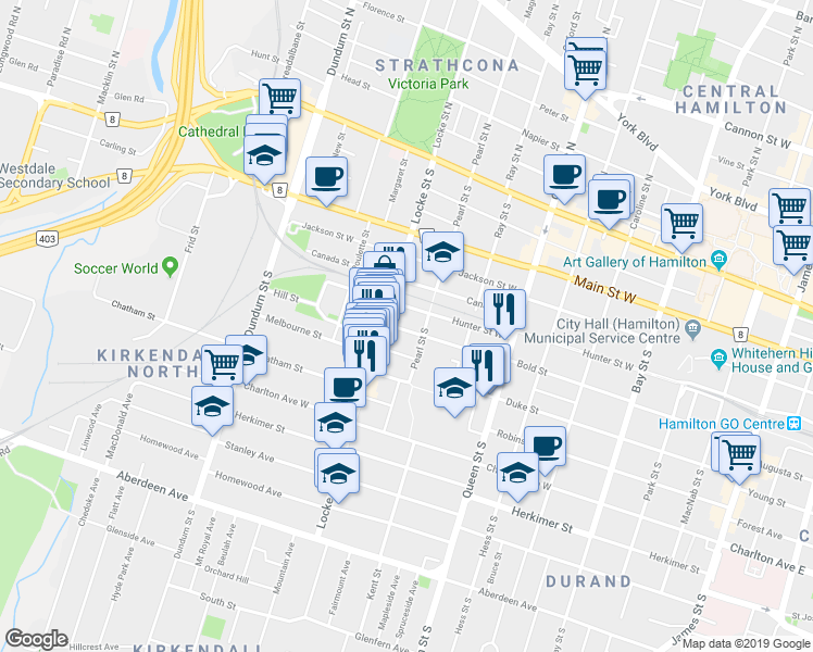 map of restaurants, bars, coffee shops, grocery stores, and more near 316 Bold Street in Hamilton