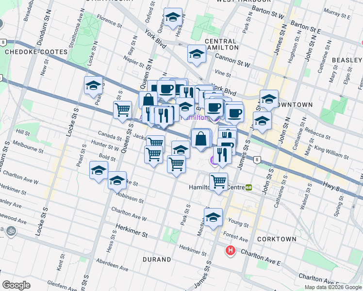map of restaurants, bars, coffee shops, grocery stores, and more near 68 Bay Street South in Hamilton