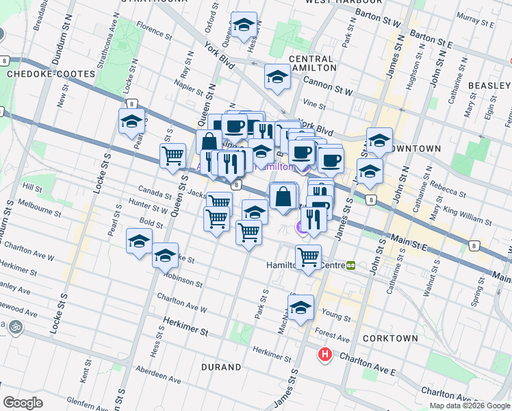 map of restaurants, bars, coffee shops, grocery stores, and more near in Hamilton