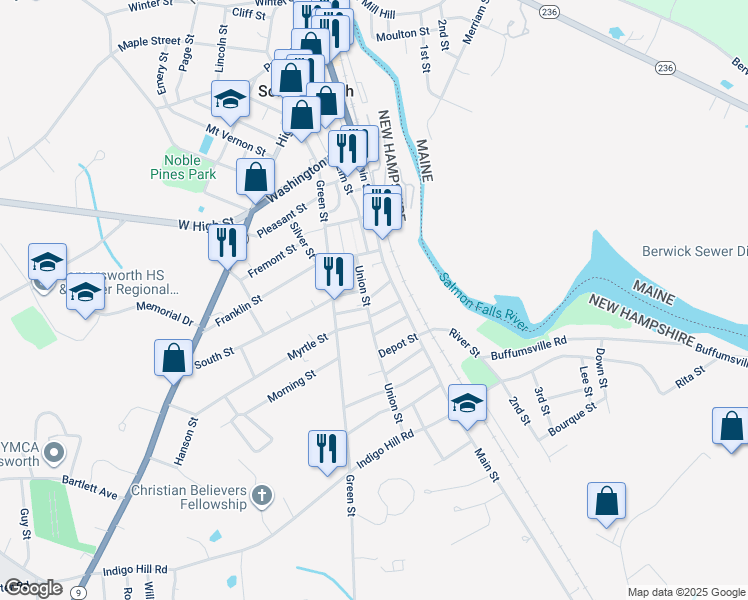 map of restaurants, bars, coffee shops, grocery stores, and more near 16 Summer Street in Somersworth
