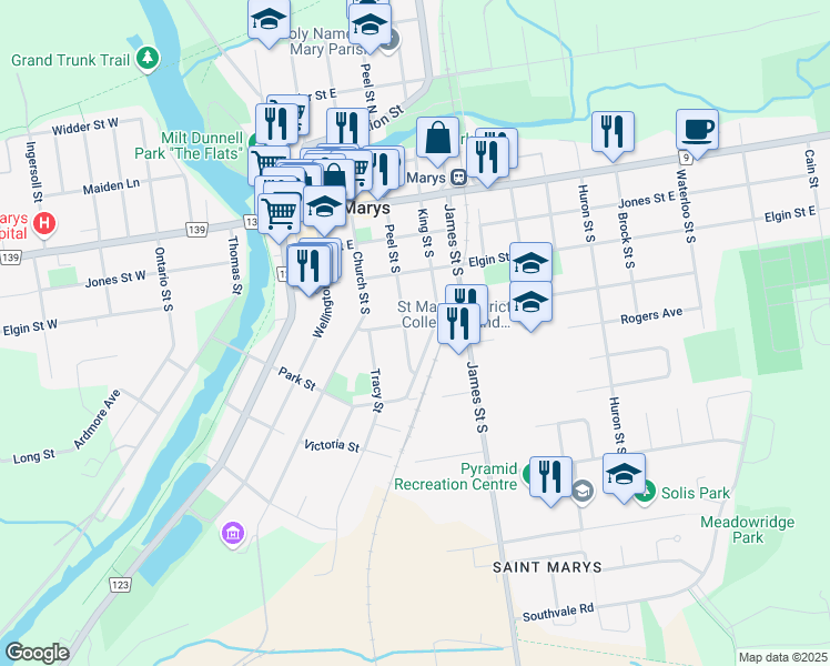 map of restaurants, bars, coffee shops, grocery stores, and more near 220 Elizabeth Street in Saint Marys