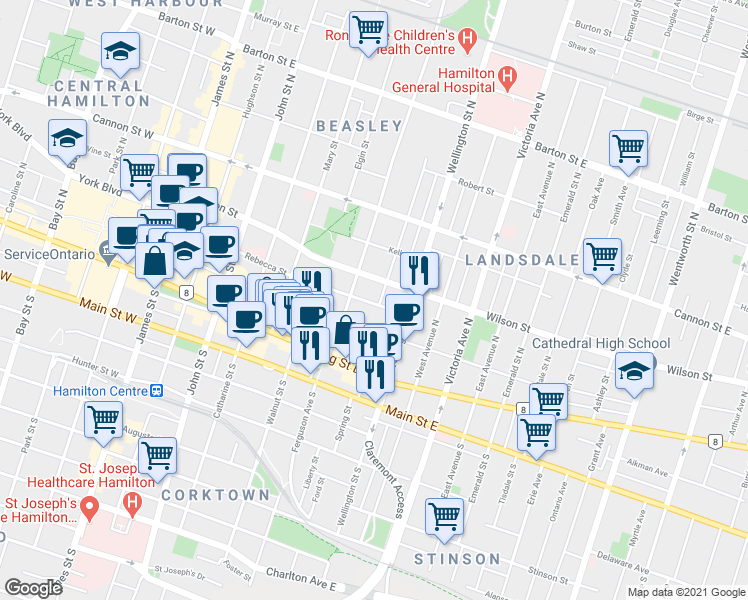 map of restaurants, bars, coffee shops, grocery stores, and more near 211 Rebecca Street in Hamilton