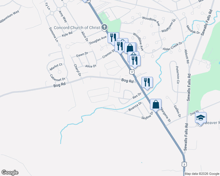 map of restaurants, bars, coffee shops, grocery stores, and more near 4 Monarch Drive in Concord