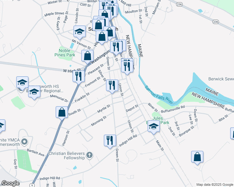 map of restaurants, bars, coffee shops, grocery stores, and more near 14 School Street in Somersworth