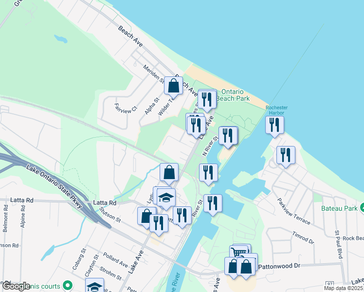 map of restaurants, bars, coffee shops, grocery stores, and more near 21 Lakeland Avenue in Rochester