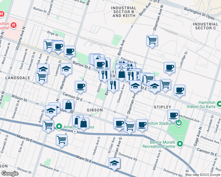 map of restaurants, bars, coffee shops, grocery stores, and more near in Hamilton