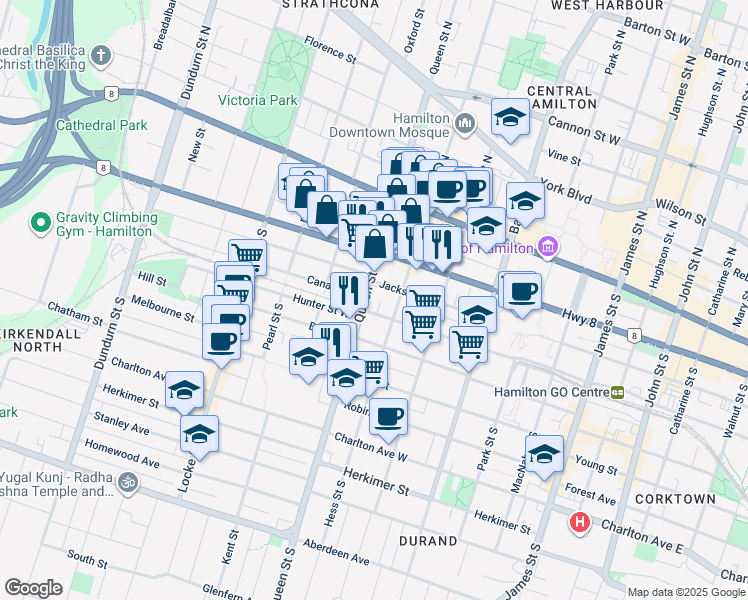 map of restaurants, bars, coffee shops, grocery stores, and more near in Hamilton