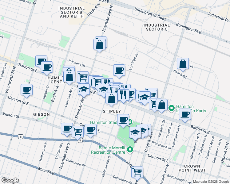 map of restaurants, bars, coffee shops, grocery stores, and more near 92 Case Street in Hamilton