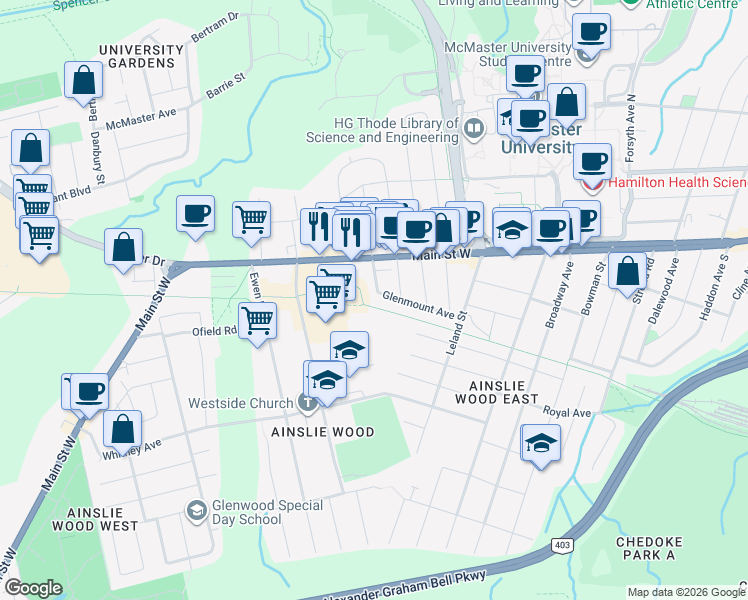 map of restaurants, bars, coffee shops, grocery stores, and more near 40 Kingsmount Street South in Hamilton