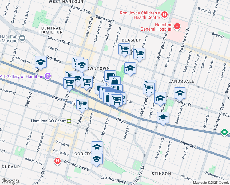 map of restaurants, bars, coffee shops, grocery stores, and more near 155 King William Street in Hamilton
