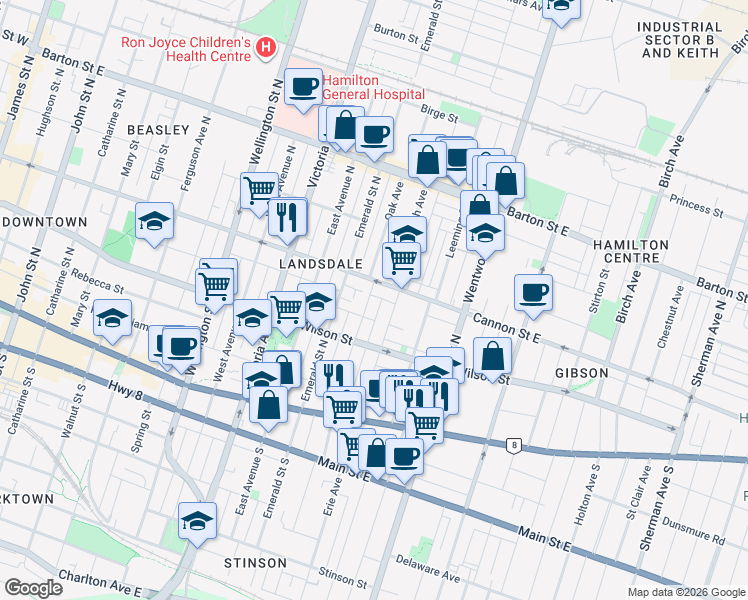 map of restaurants, bars, coffee shops, grocery stores, and more near 126 Tisdale Street North in Hamilton