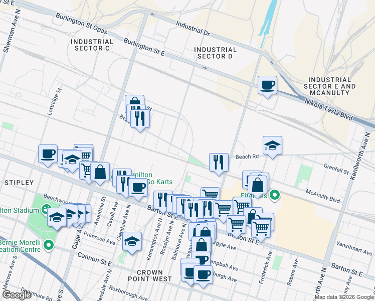 map of restaurants, bars, coffee shops, grocery stores, and more near 271 Beach Road in Hamilton