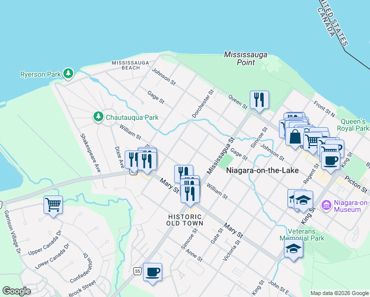 map of restaurants, bars, coffee shops, grocery stores, and more near 328 Dorchester Street in Niagara-on-the-Lake