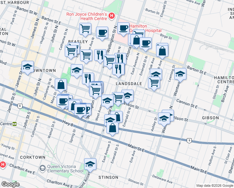 map of restaurants, bars, coffee shops, grocery stores, and more near 108 Victoria Avenue North in Hamilton