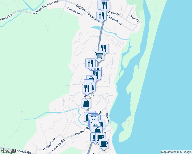 map of restaurants, bars, coffee shops, grocery stores, and more near 2 Kingfield Avenue in Ogunquit
