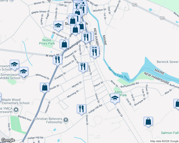 map of restaurants, bars, coffee shops, grocery stores, and more near 3 Union Street in Somersworth