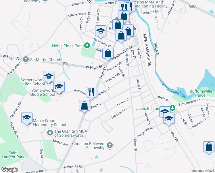 map of restaurants, bars, coffee shops, grocery stores, and more near 2 Garden Street in Somersworth