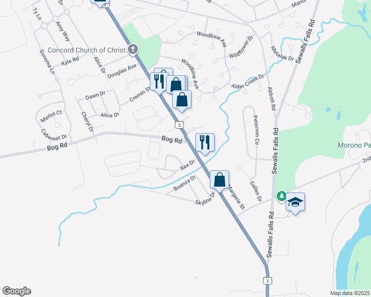map of restaurants, bars, coffee shops, grocery stores, and more near 90 Fisherville Road in Concord