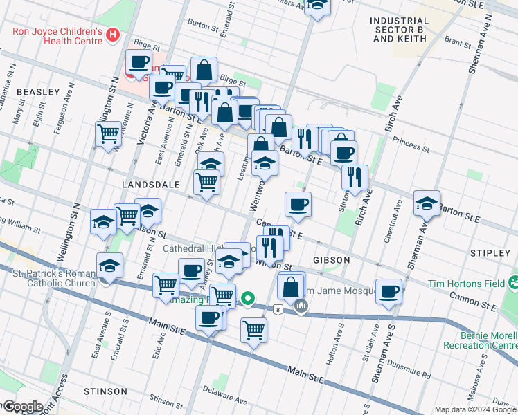 map of restaurants, bars, coffee shops, grocery stores, and more near 160 Wentworth Street North in Hamilton
