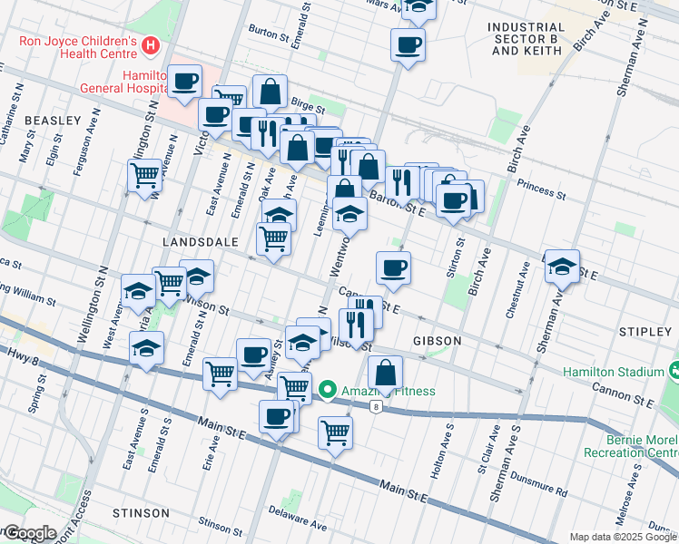 map of restaurants, bars, coffee shops, grocery stores, and more near 160 Wentworth Street North in Hamilton