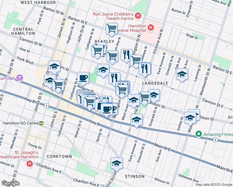 map of restaurants, bars, coffee shops, grocery stores, and more near in Hamilton