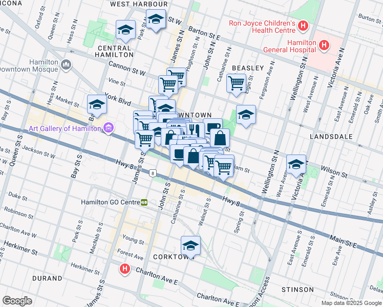 map of restaurants, bars, coffee shops, grocery stores, and more near in Hamilton